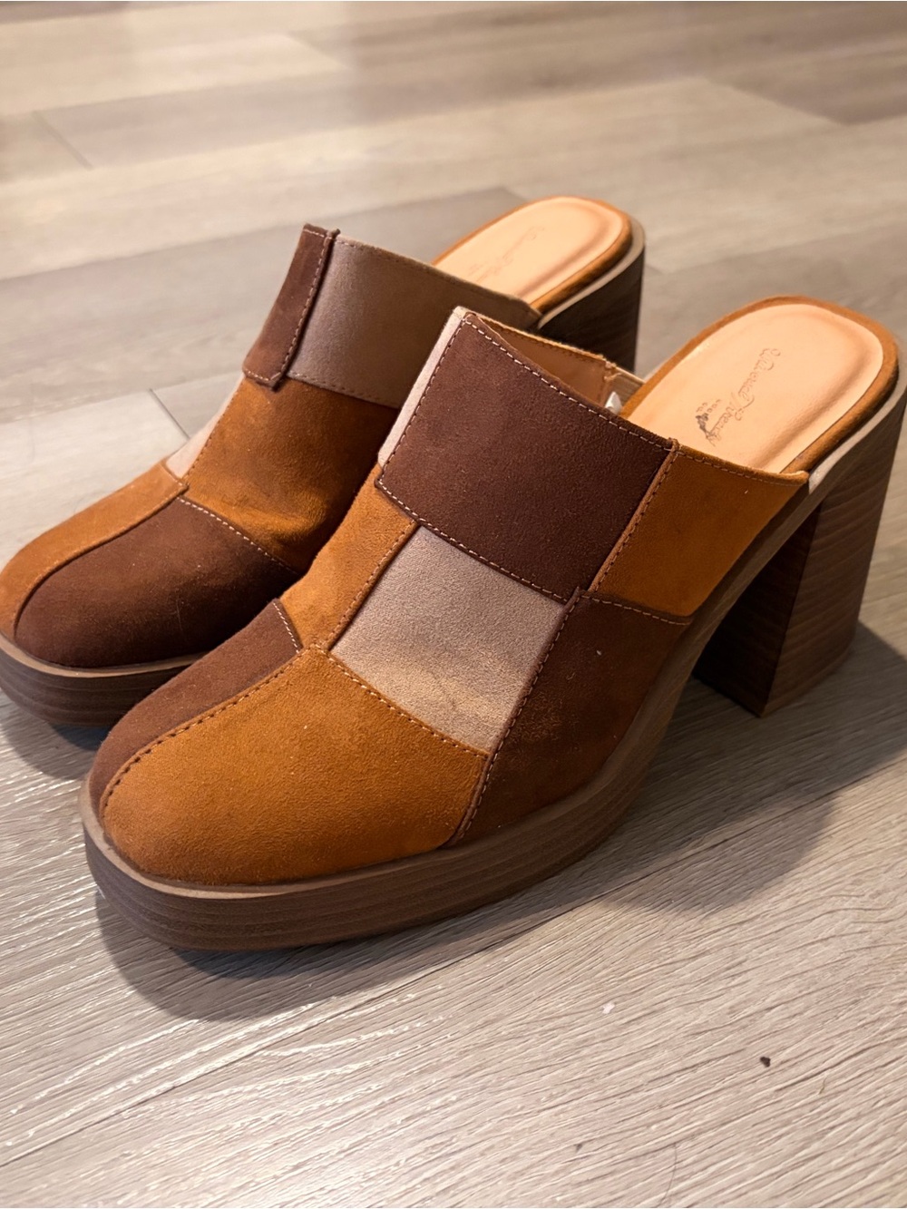 Universal Thread Patchwork Suede Platform Mules in Brown and Tan